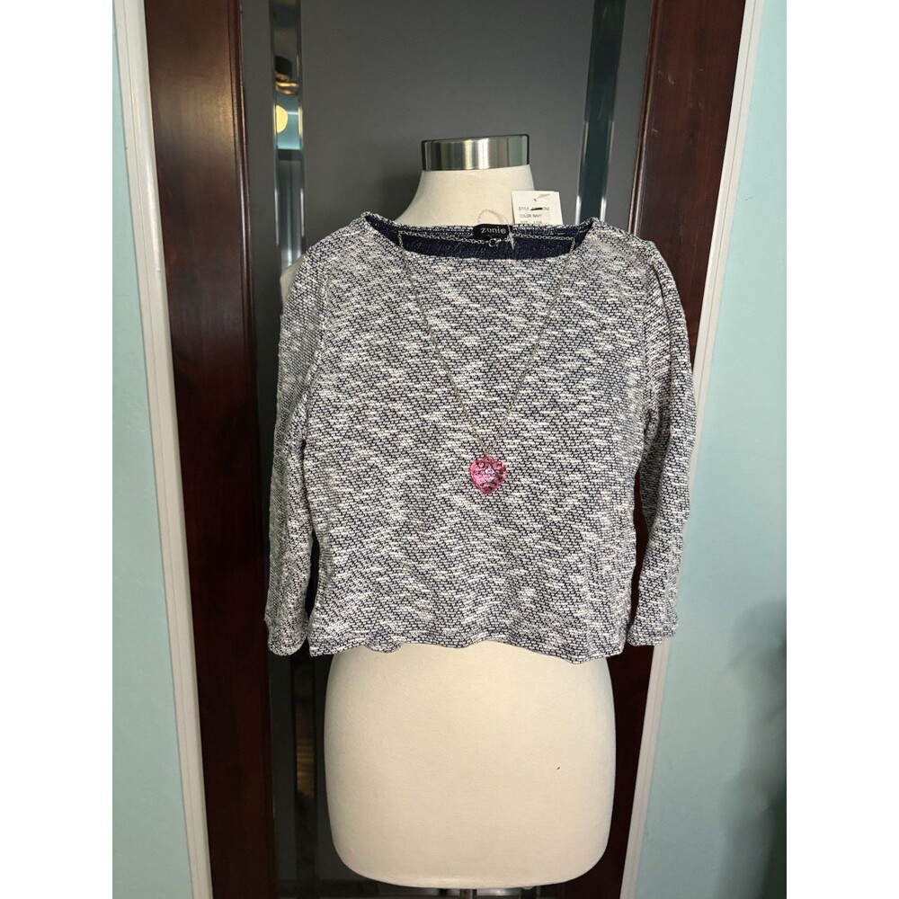 New Zunie Girls Large 14 Navy White 3/4 sleeve Marked Crop Top W/ Necklace